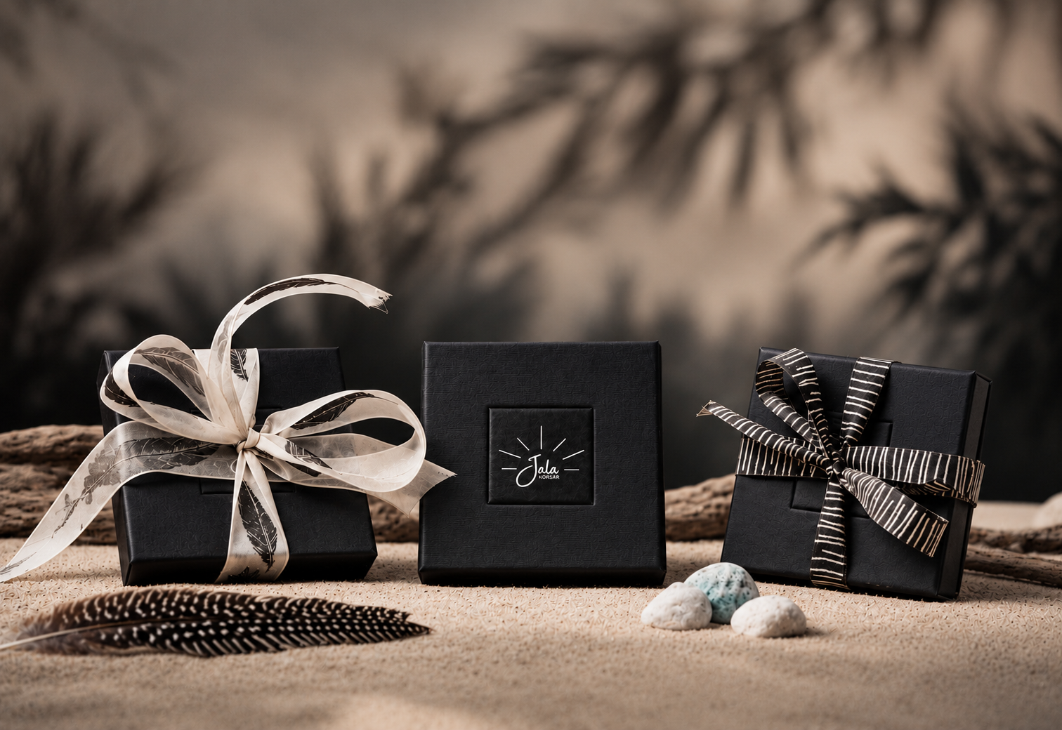 Drei JALA KORSAR Geschenkboxen im Sand vor weich gezeichnetem Naturhintergrund